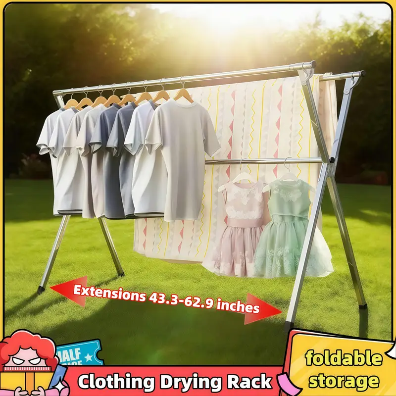 Foldable Metal Clothes Drying Rack, Adjustable Three Rod, with Space-Saving Storage, for Indoor And Outdoor Use, for Clothes, Blankets And Bedding, Drying Racks, Mother's Day, Drying Racks