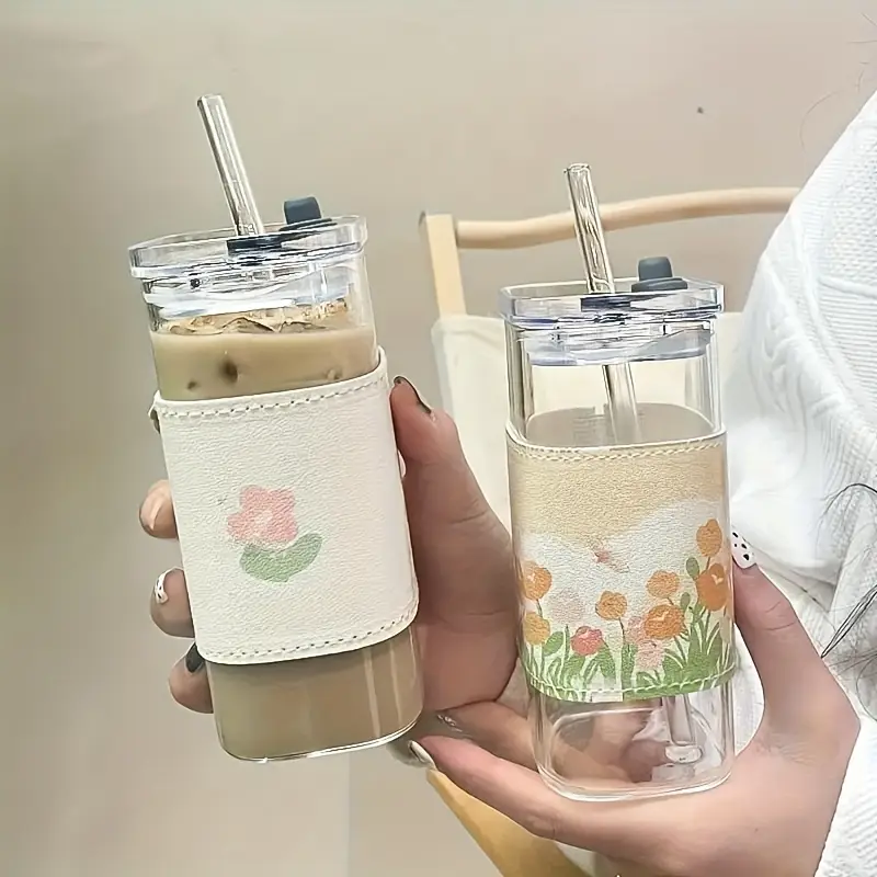 8/6/4pcs Square Glass Mug with Lid, Portable Drinking Mug, 13oz, Perfect Coffee Mug, Includes Glass Lid/Straw, Gift for Mug Collectors, Father's Day Mug, Great for Office, Home, School And Outdoor Use!