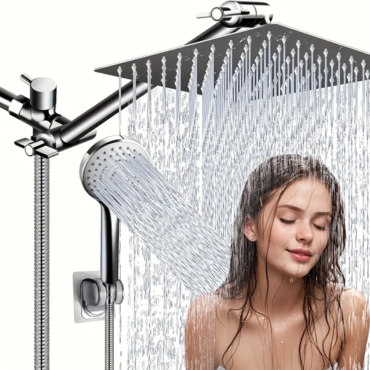 Shower Head, 8/12 Inch High Pressure Rainfall Shower Head/Handheld Shower Combo With 11 Inch Extension Arm, 5 Settings Adjustable Anti-leak Shower Head With Holder/Hose, Height/Angle Adjustable